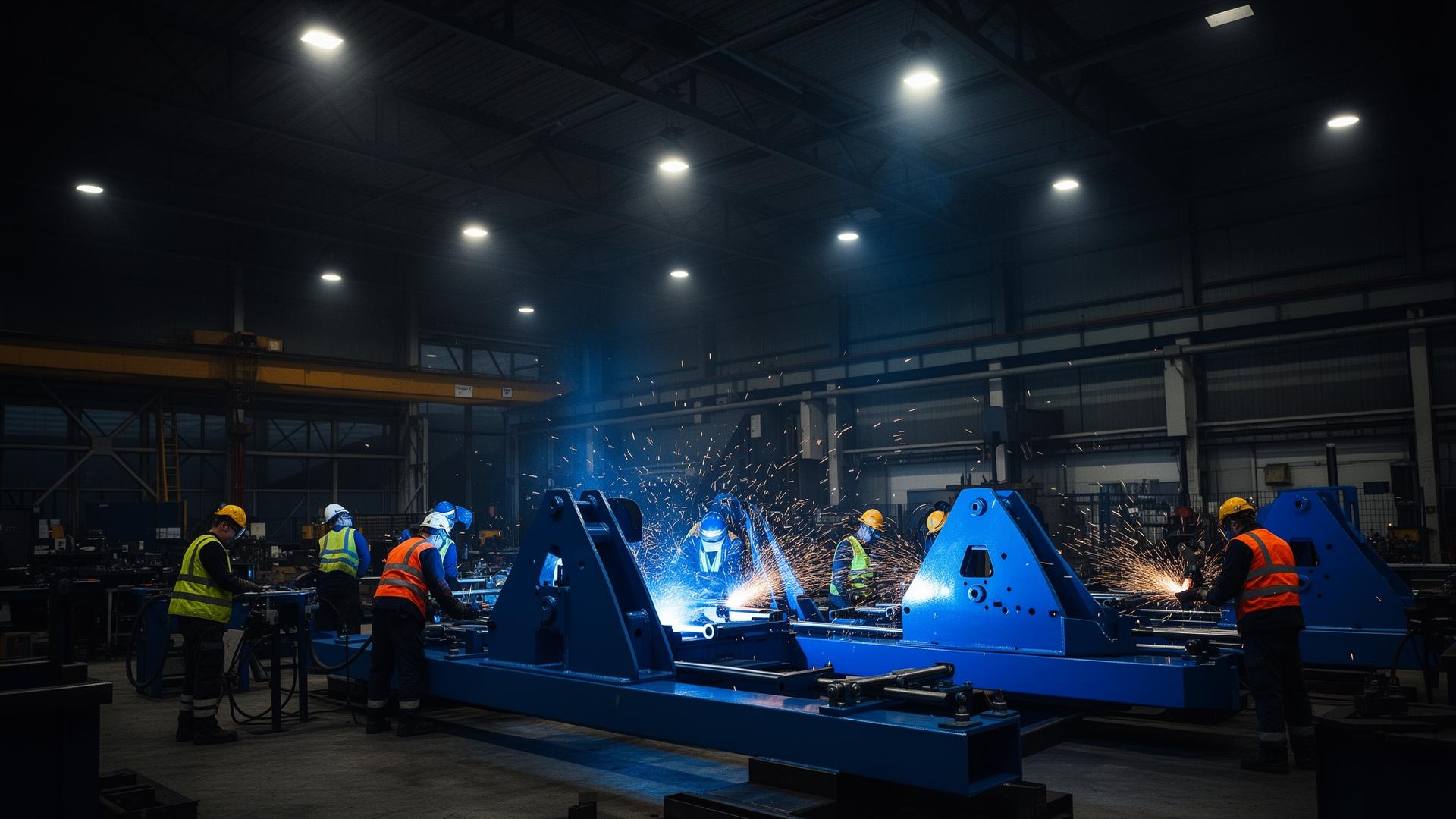 Dendro Lifts tillverkning i Sverige – arbetare svetsar blå lyftkonstruktioner
